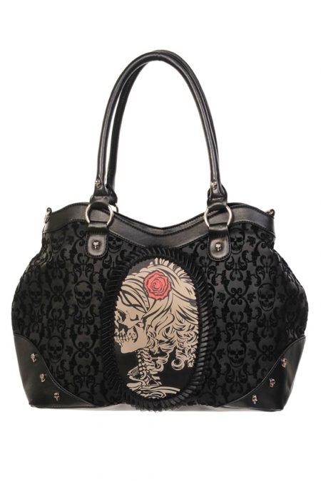 Flocked Cameo Lady Rose Skull Handbag