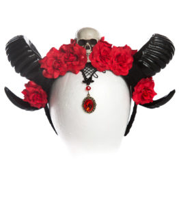 Black Ram Horns With Skull And Roses