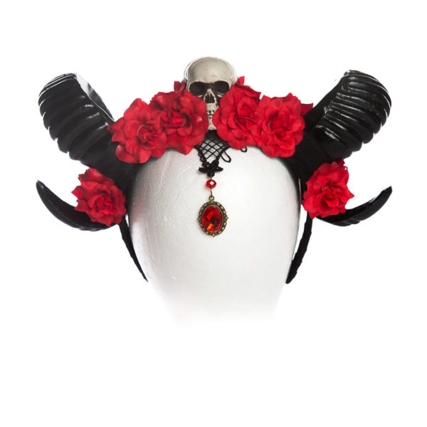 Black Ram Horns With Skull And Roses