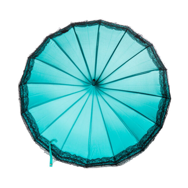 Teal with Black Lace Trim Pagoda Parasol