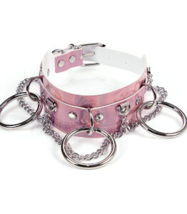 Pink Wide Hologram Choker with Rings and Chain