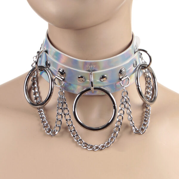 Silver Wide Hologram Choker with Rings and Chain