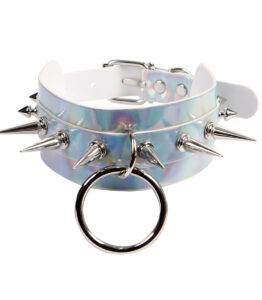 Silver Wide Hologram Choker with Spikes and Slave Ring