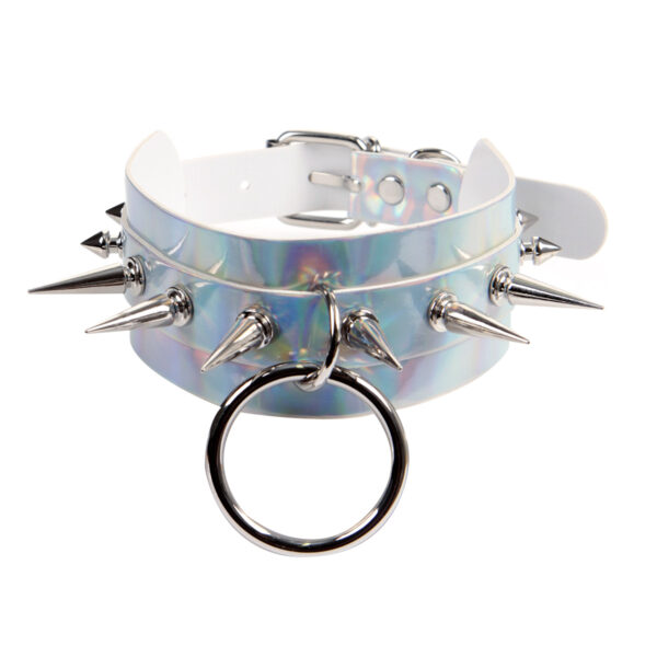 Silver Wide Hologram Choker with Spikes and Slave Ring