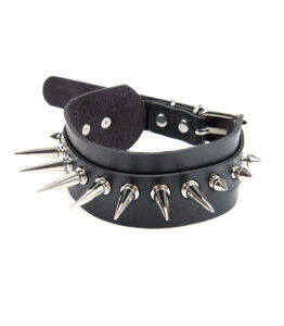 Wide Black Rivet Choker with Silver Spikes