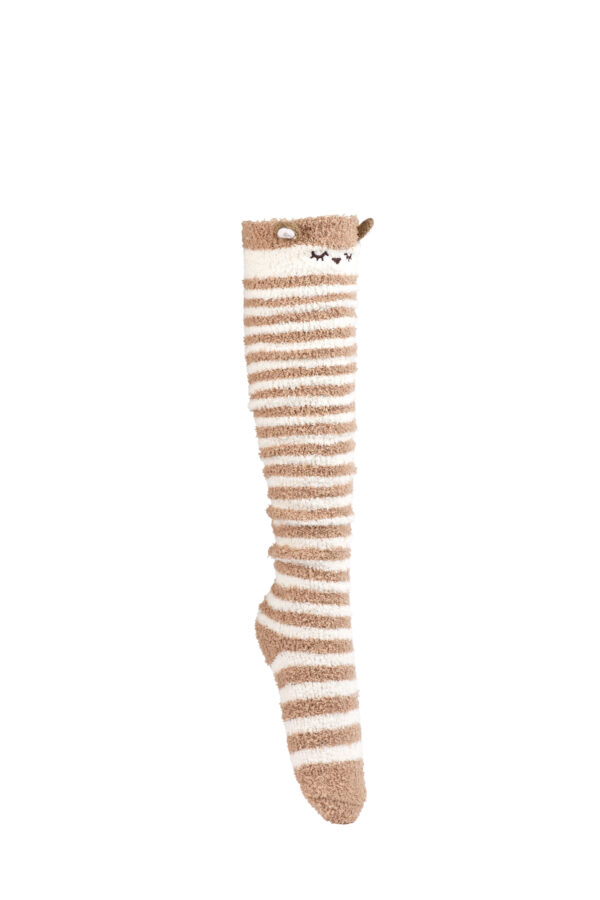 Furry Over The Knee Animal Socks - Brown/White