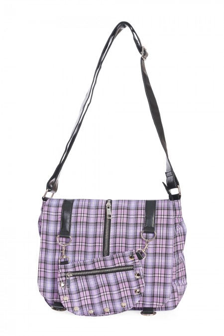 Banned Apparel - Twice The Action Tartan Messenger Hand Bag - Lilac