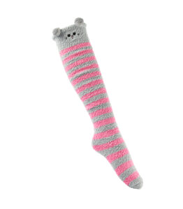 Furry Face Grey and Dark Pink Stripe Socks