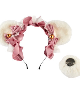 Teddy Bear Ear with Tail Moggy Headband - White/Pink