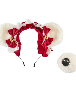 Teddy Bear Ear with Tail Moggy Headband - White/Red