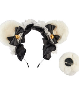 Teddy Bear Ear with Tail Moggy Headband - White/Black