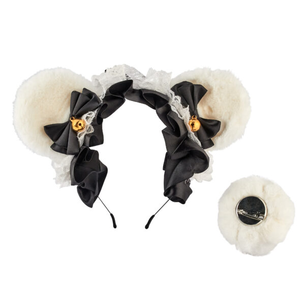 Teddy Bear Ear with Tail Moggy Headband - White/Black