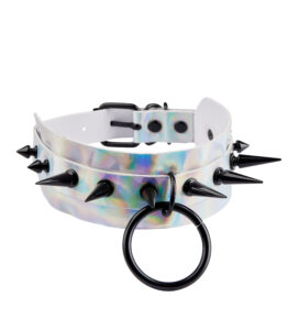 Silver Wide Hologram Choker with Black Spikes/Ring