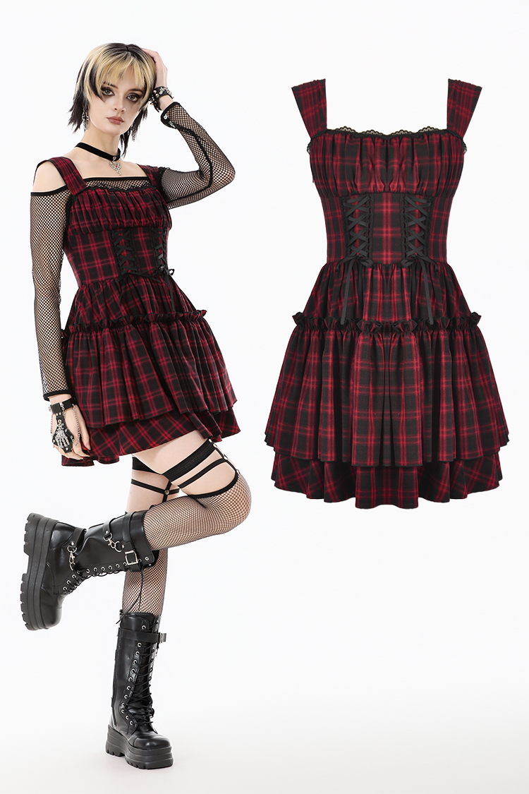 Dark In Love: Red Plaid Corset Lace-Up Mini Dress
