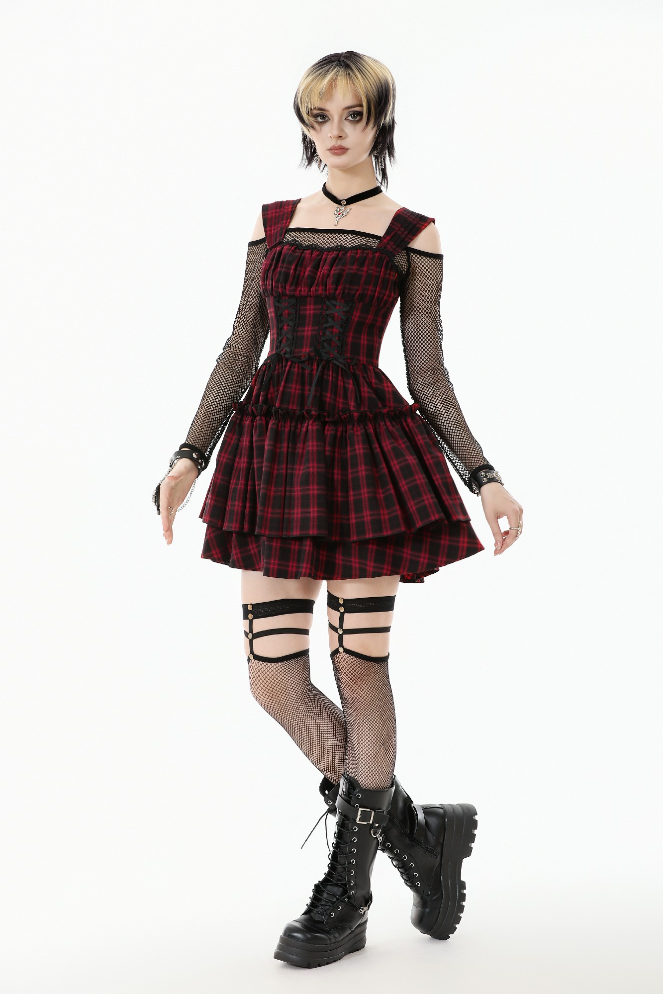 Dark In Love: Red Plaid Corset Lace-Up Mini Dress