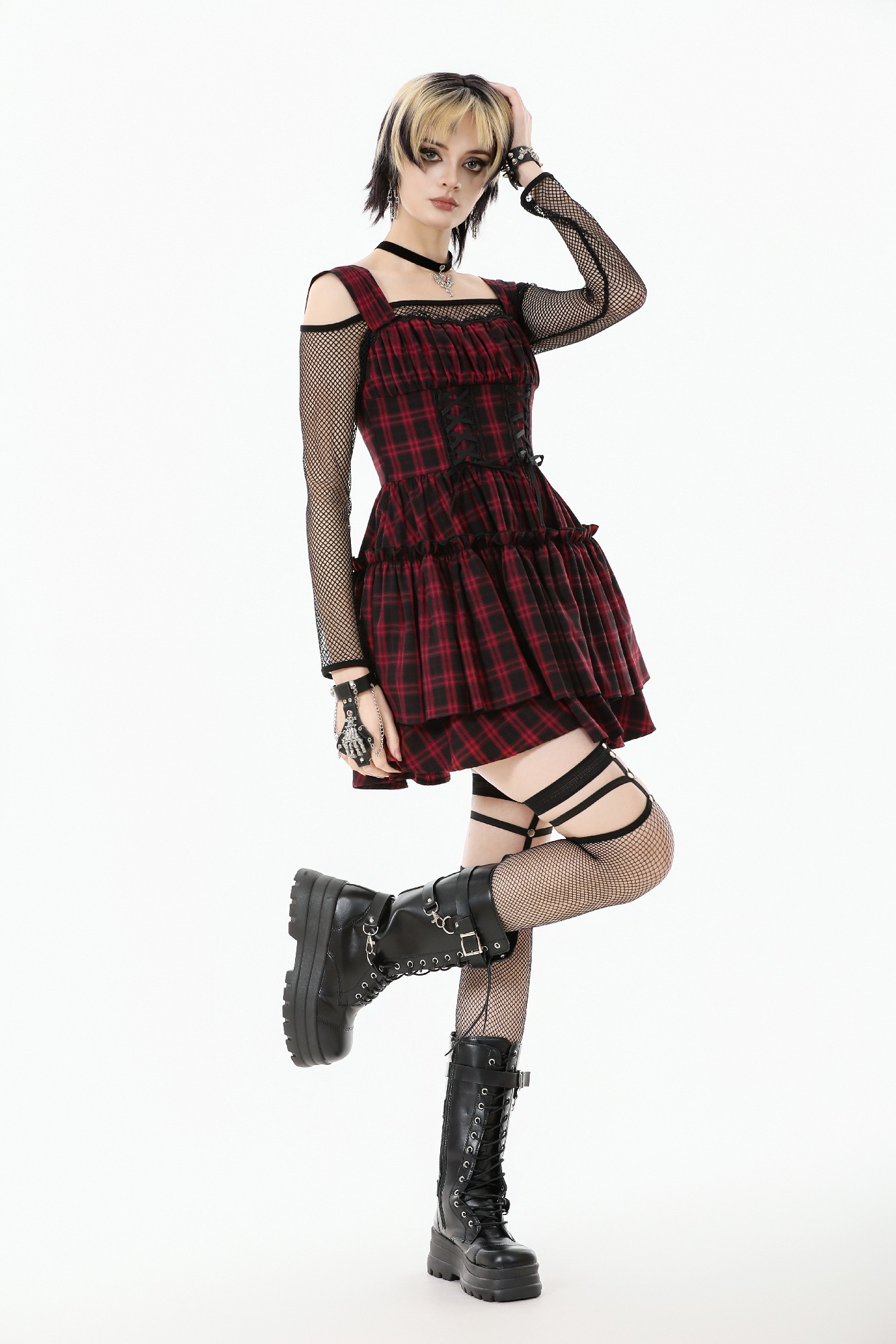 Dark In Love: Red Plaid Corset Lace-Up Mini Dress