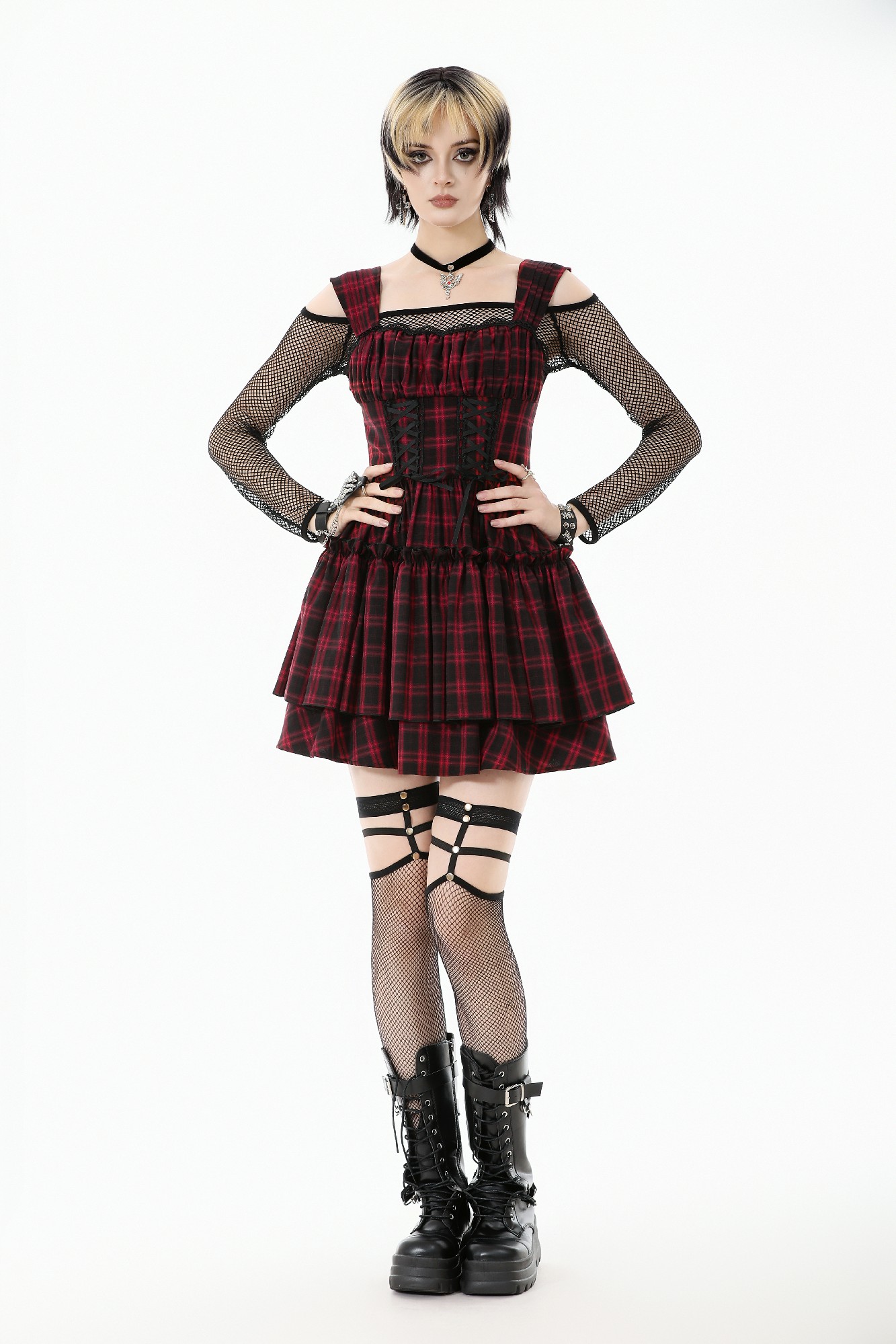 Dark In Love: Red Plaid Corset Lace-Up Mini Dress