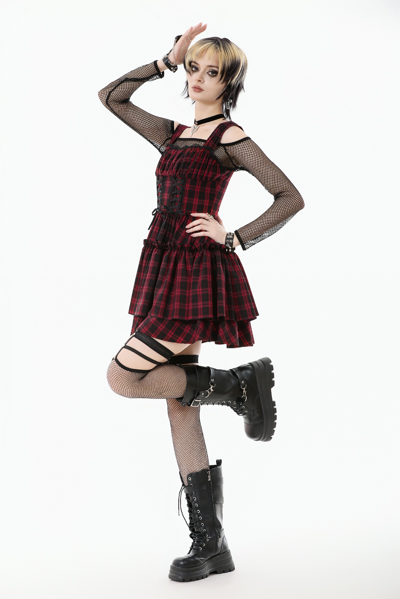 Dark In Love: Red Plaid Corset Lace-Up Mini Dress