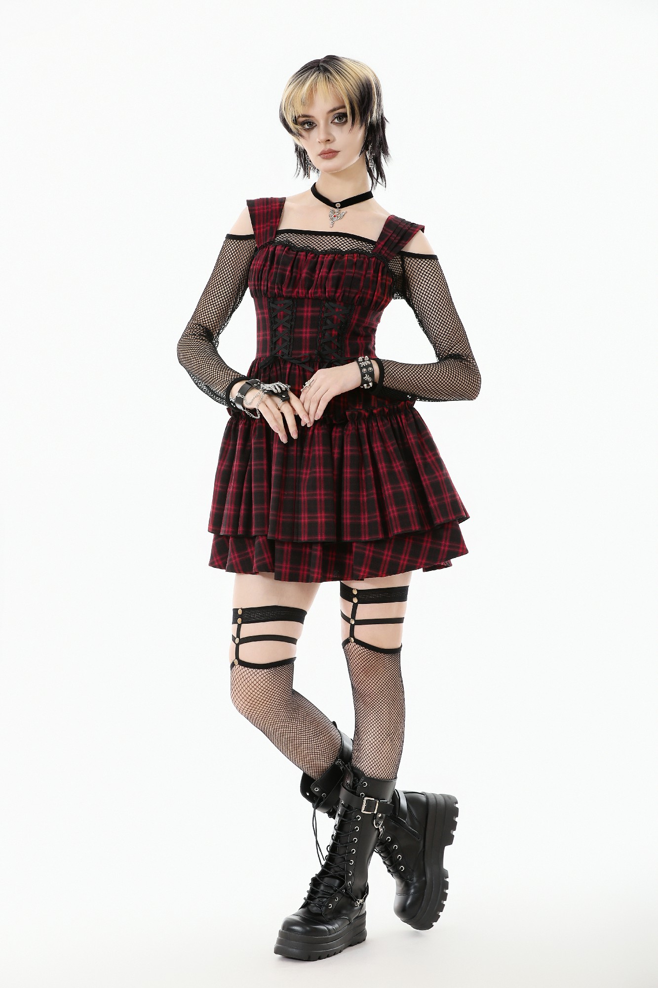 Dark In Love: Red Plaid Corset Lace-Up Mini Dress