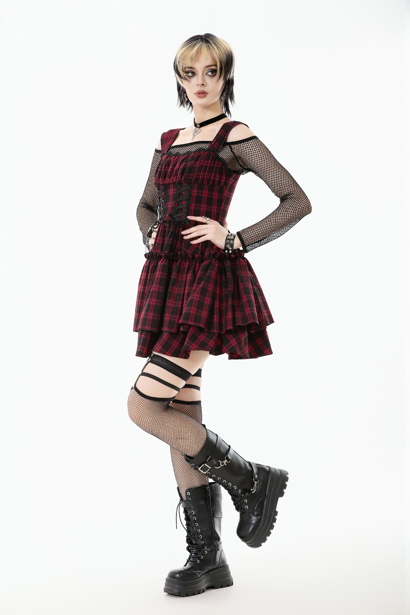 Dark In Love: Red Plaid Corset Lace-Up Mini Dress