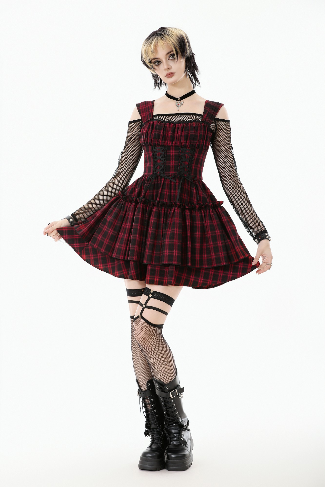 Dark In Love: Red Plaid Corset Lace-Up Mini Dress