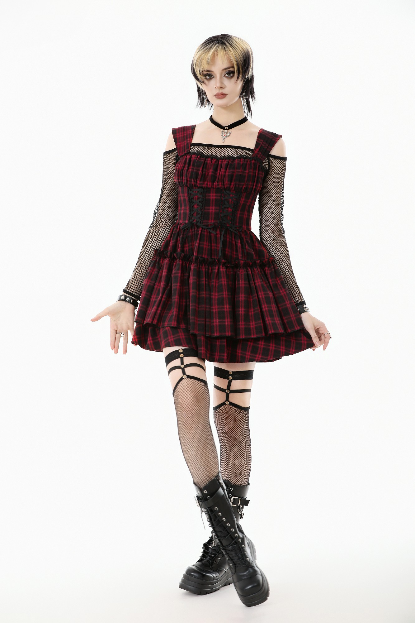 Dark In Love: Red Plaid Corset Lace-Up Mini Dress
