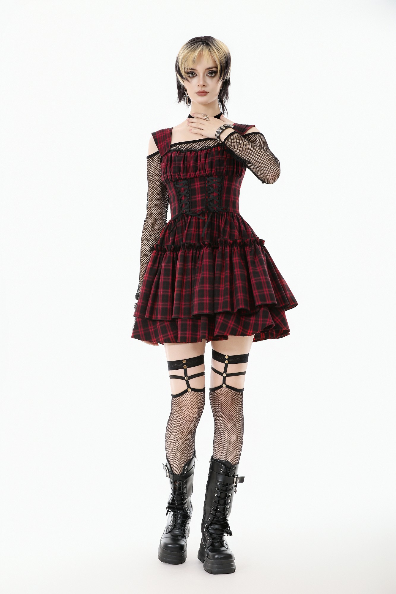 Dark In Love: Red Plaid Corset Lace-Up Mini Dress