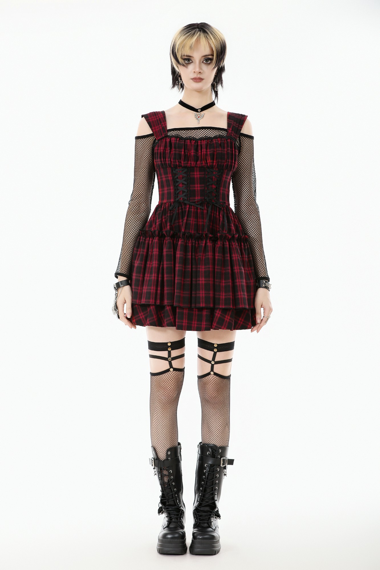 Dark In Love: Red Plaid Corset Lace-Up Mini Dress