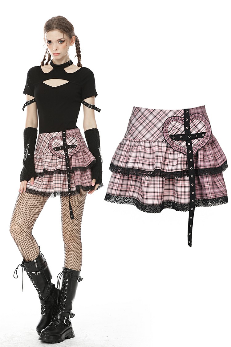 Dark In Love: Pink Plaid Heart Cross Mini Skirt