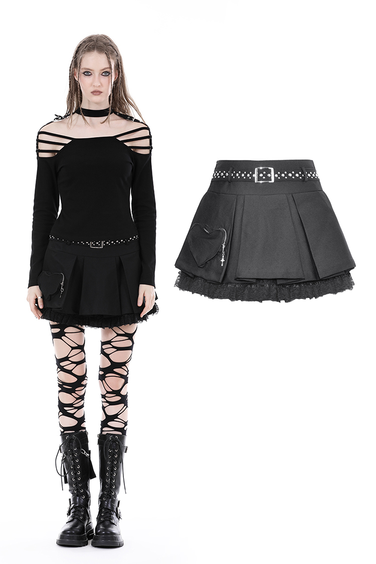 Dark In Love: Black Studded Belt & Heart Pocket Pleated Skirt