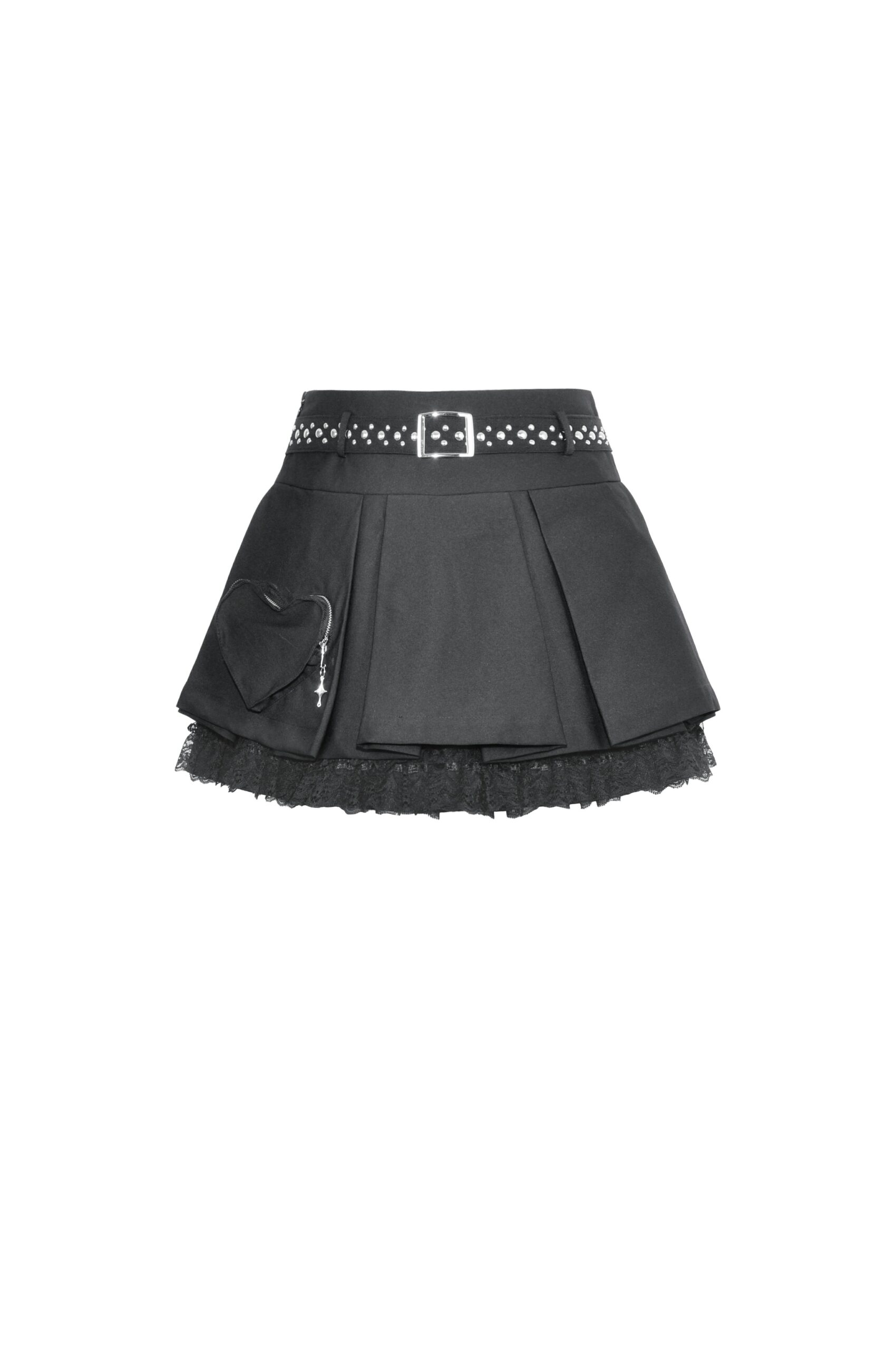 Dark In Love: Black Studded Belt & Heart Pocket Pleated Skirt