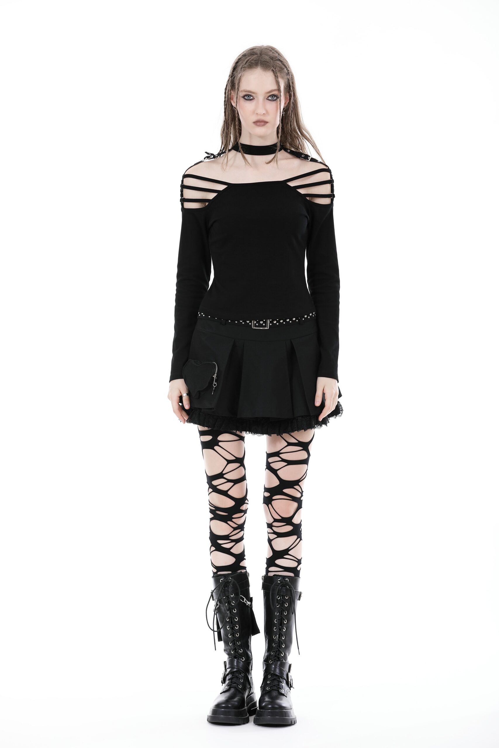 Dark In Love: Black Studded Belt & Heart Pocket Pleated Skirt