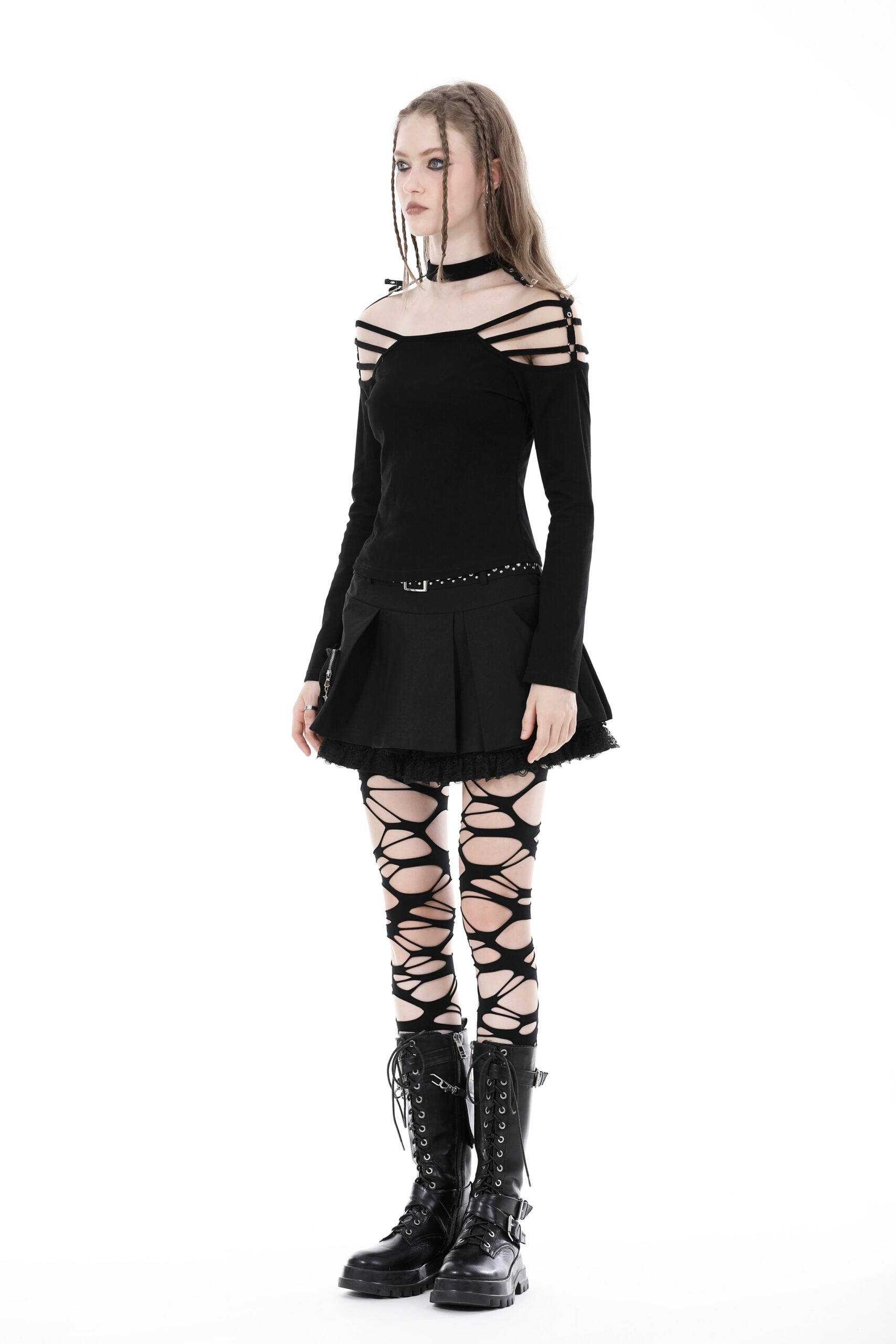 Dark In Love: Black Studded Belt & Heart Pocket Pleated Skirt