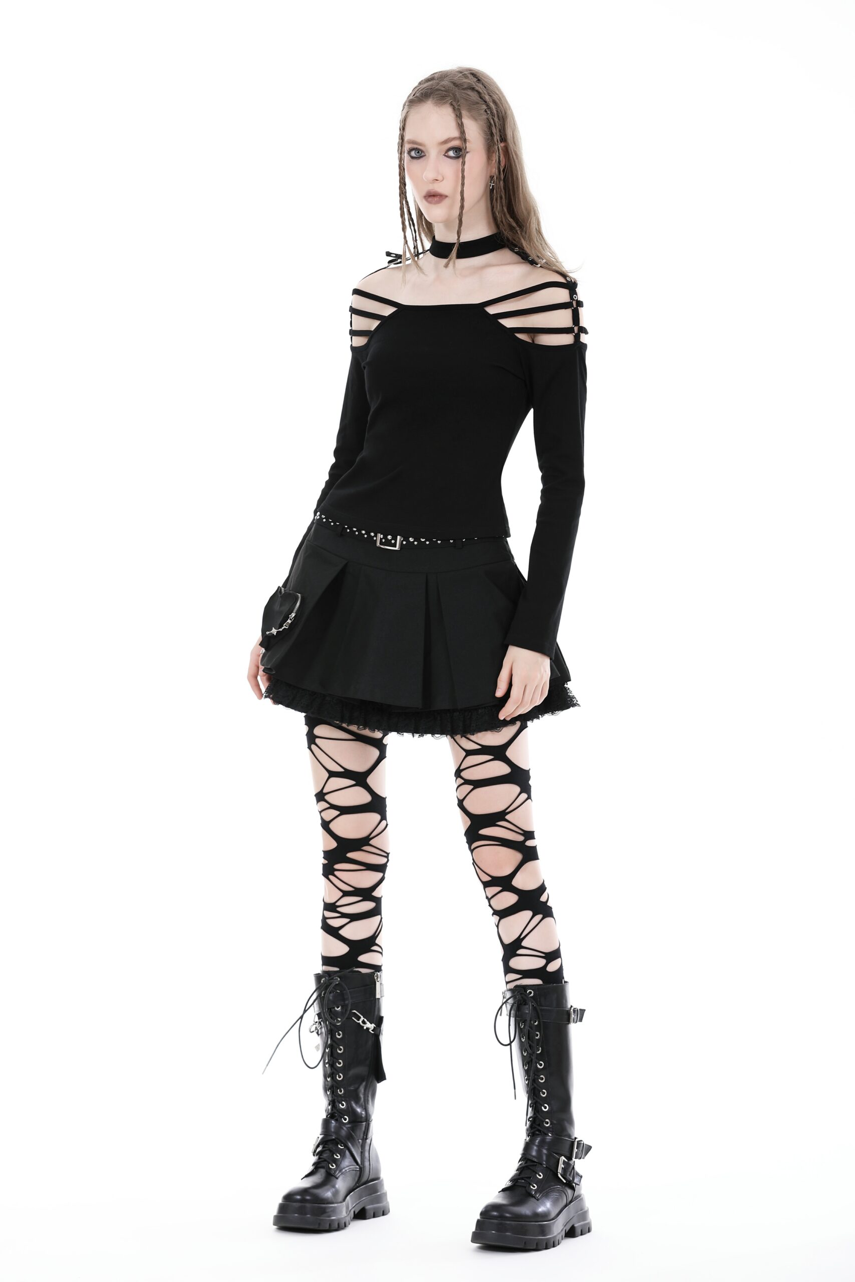 Dark In Love: Black Studded Belt & Heart Pocket Pleated Skirt