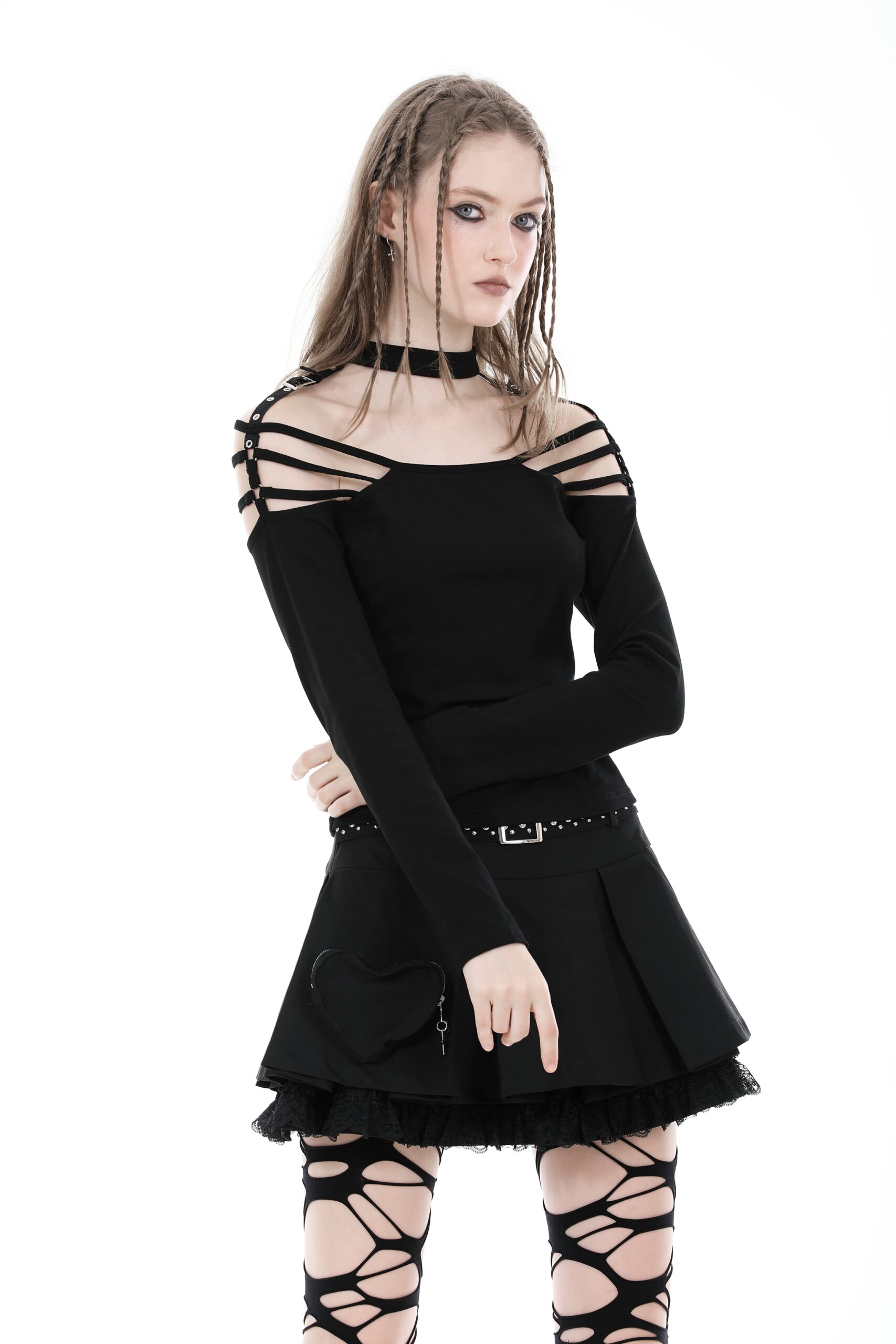 Dark In Love: Black Studded Belt & Heart Pocket Pleated Skirt