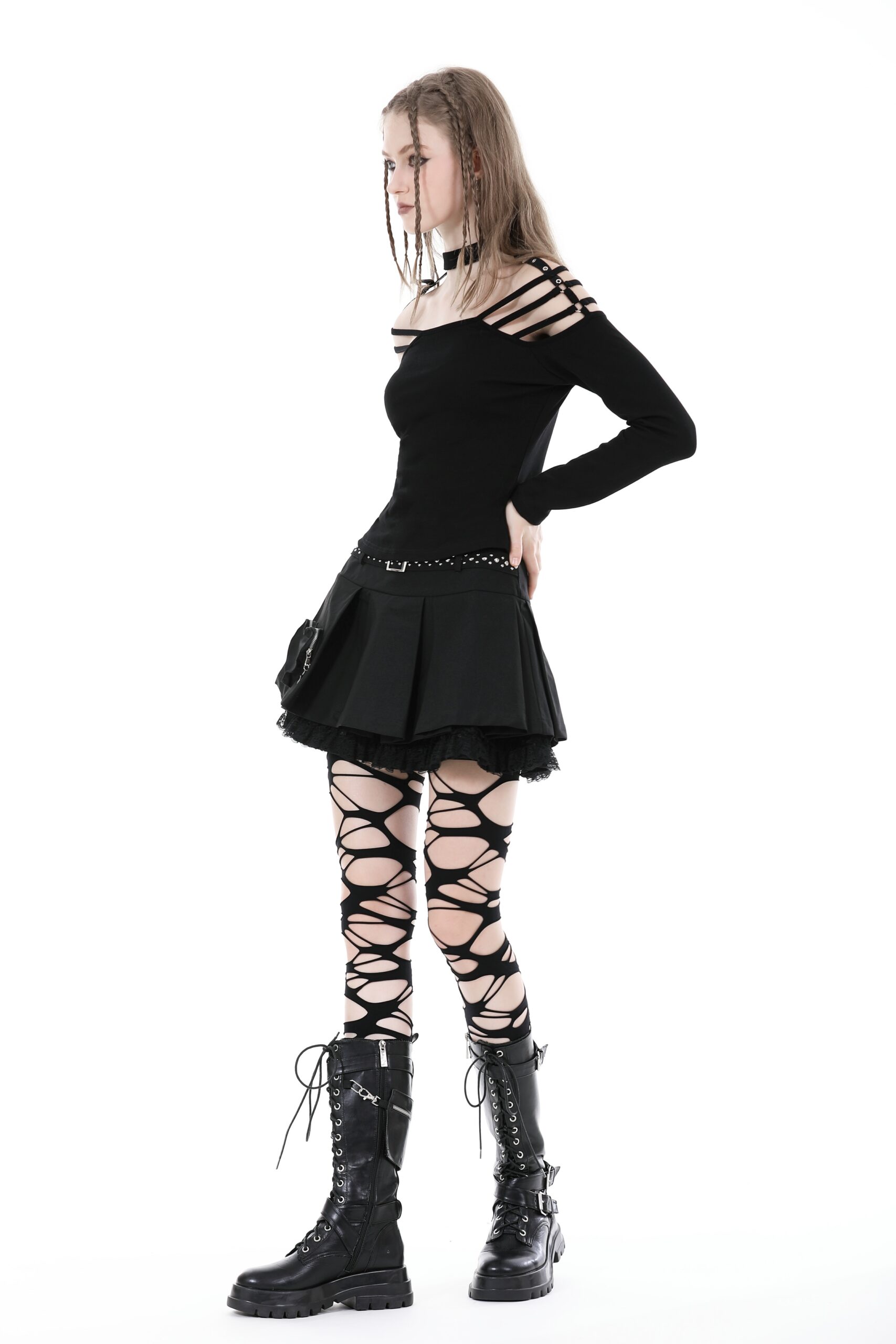 Dark In Love: Black Studded Belt & Heart Pocket Pleated Skirt