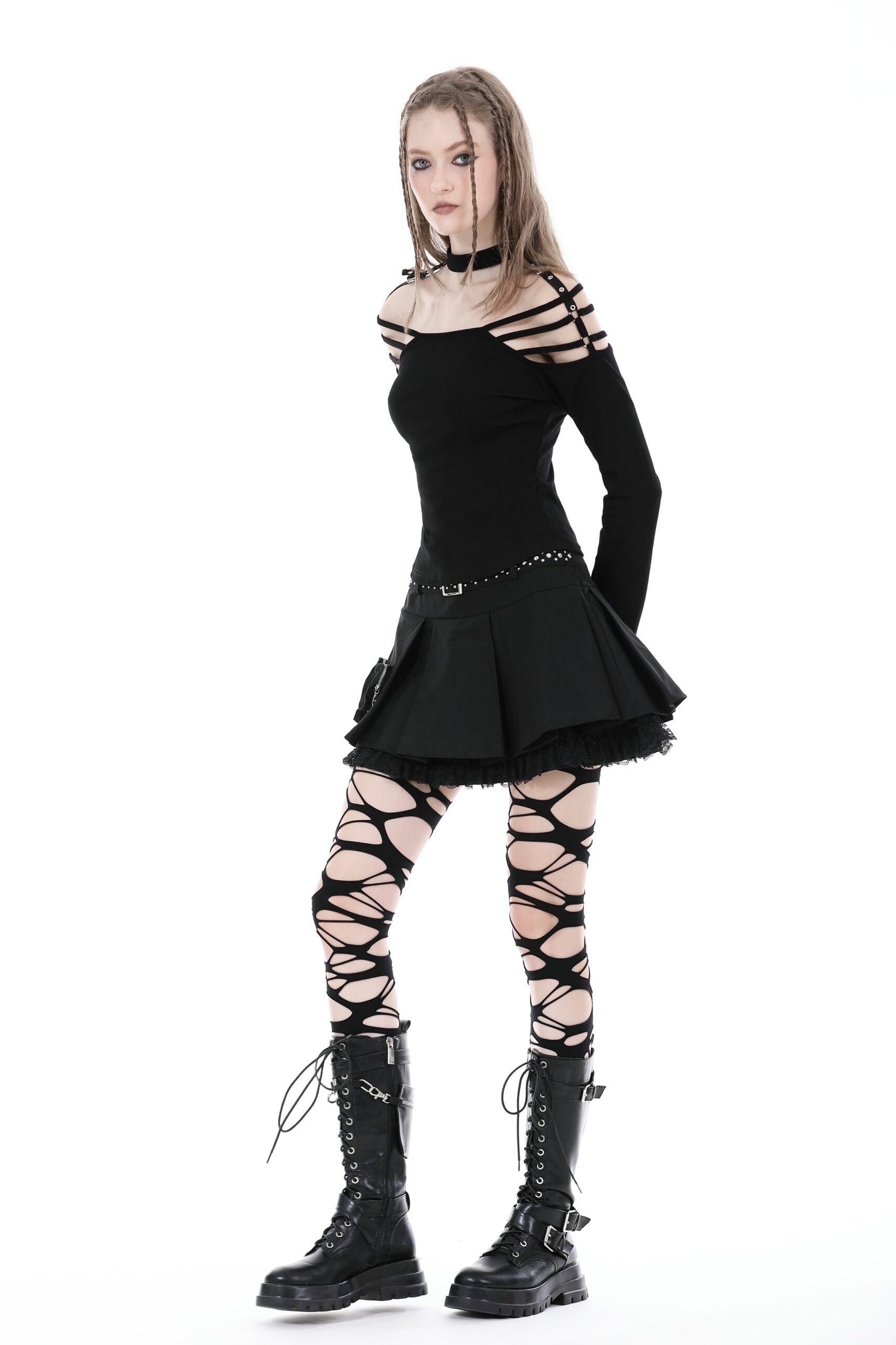 Dark In Love: Black Studded Belt & Heart Pocket Pleated Skirt