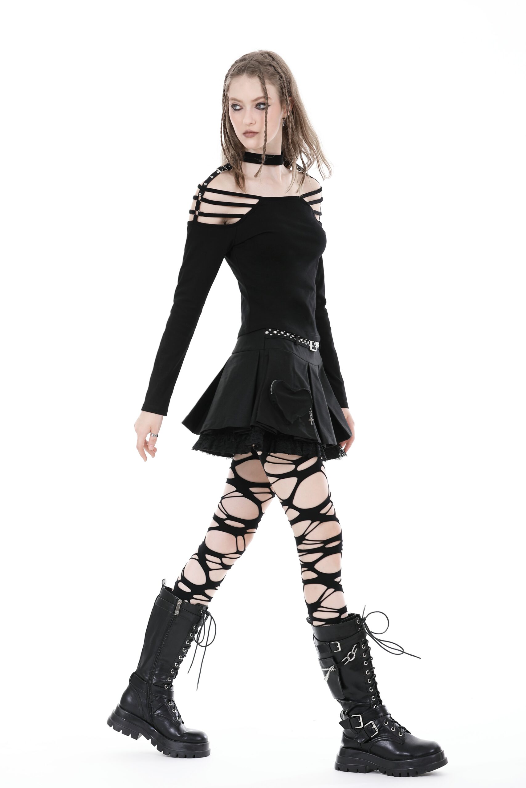 Dark In Love: Black Studded Belt & Heart Pocket Pleated Skirt